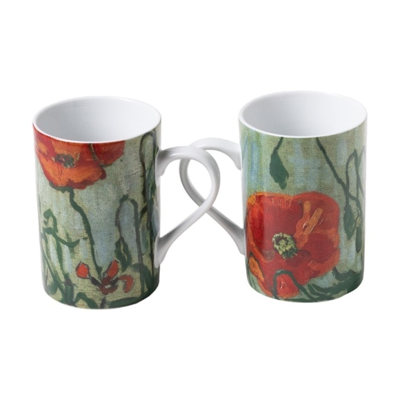 Floral Mug Set with Red Poppy Design - Picture 5 of 8